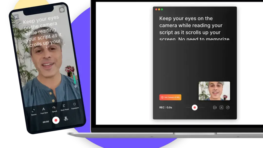 On-screen teleprompter for recording video on phone or computer