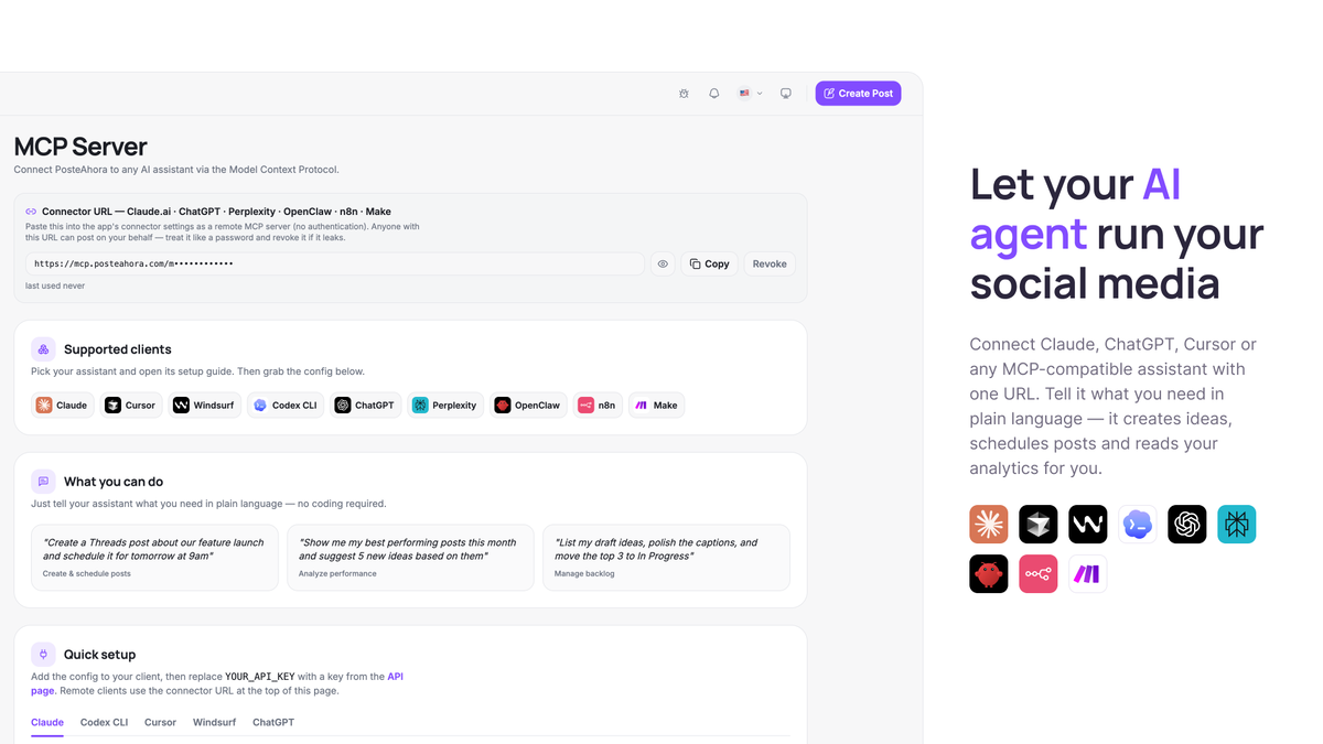 PosteAhora MCP Server page showing a connector URL and supported AI clients — Claude, Cursor, Windsurf, ChatGPT, Perplexity, OpenClaw, n8n and Make.