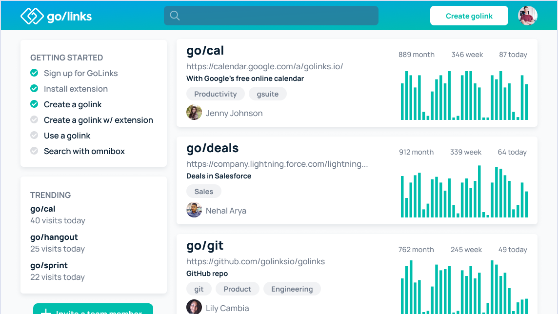 GoLinks main dashboard