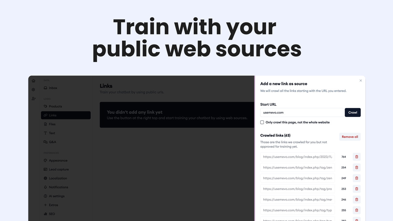 Mevo interface showing web content training selection