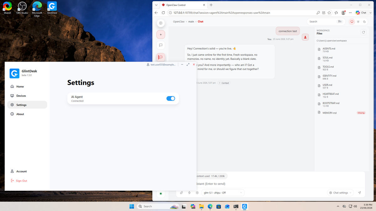 The PC client has an OpenClaw connect button