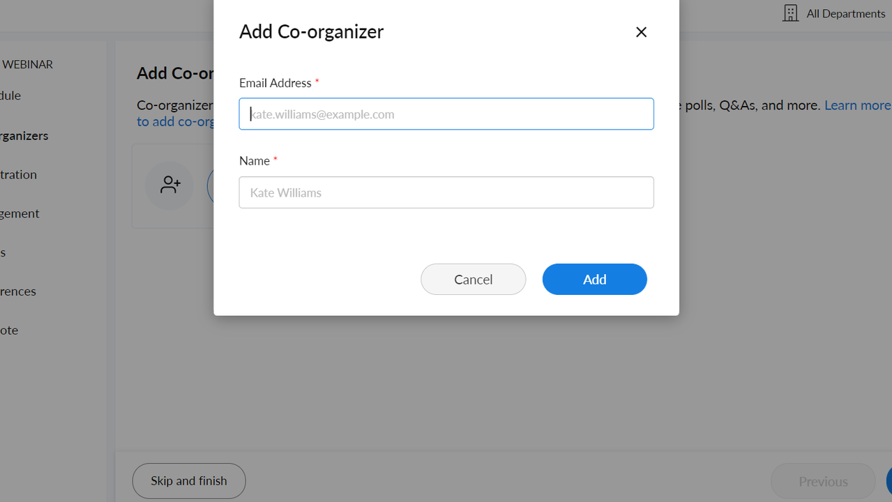 Set up recurring webinars with co-organizers