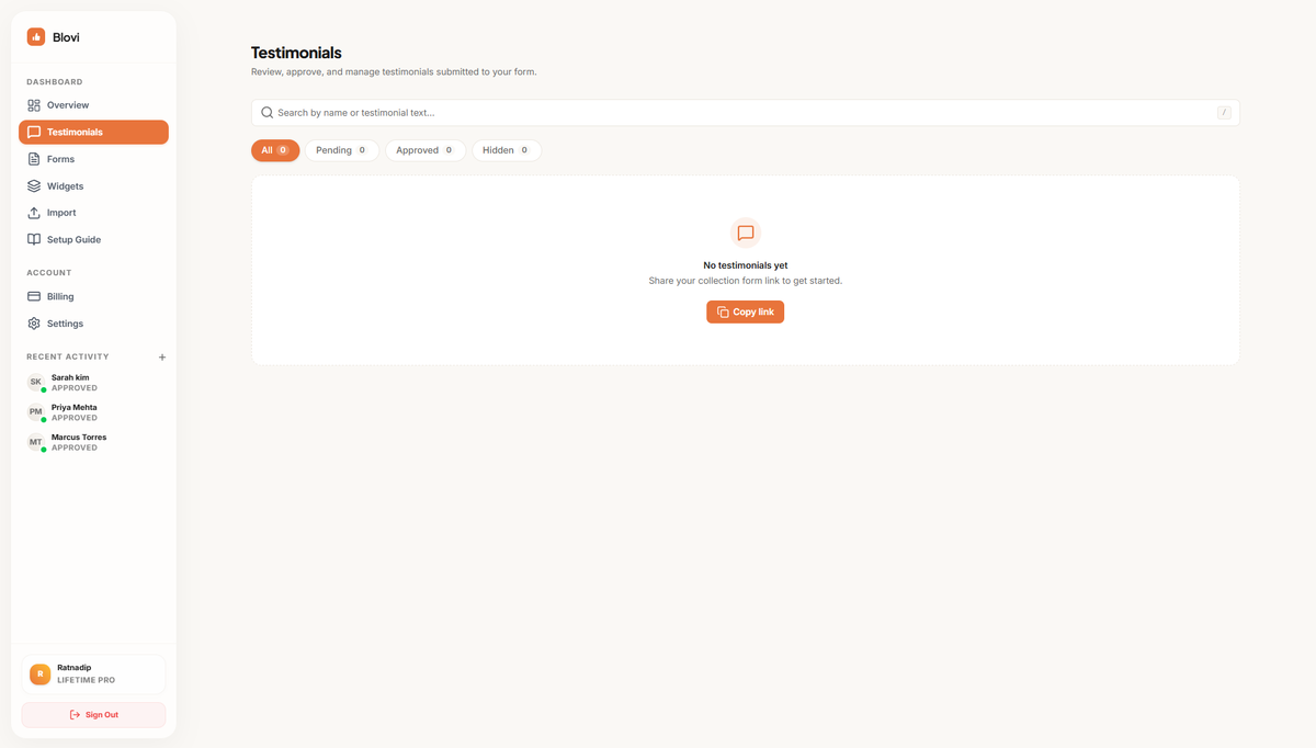 Testimonial management dashboard for reviewing, approving, and organizing customer feedback.