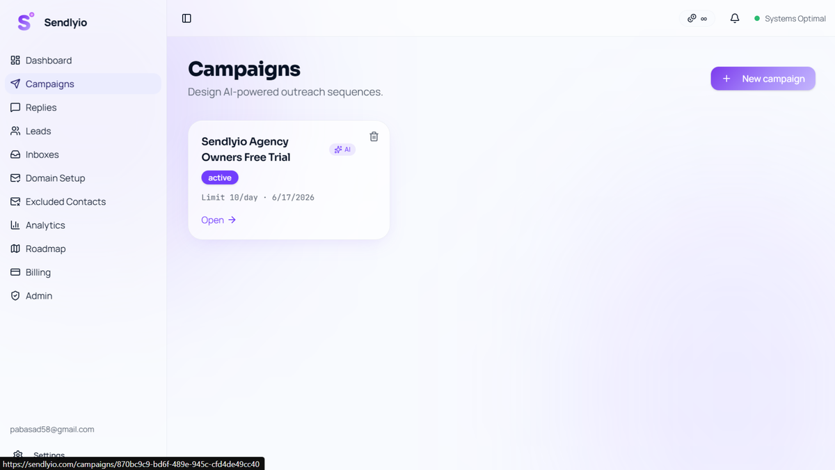 Sendlyio campaigns dashboard showing AI-powered cold email outreach sequences, with an active campaign card.
