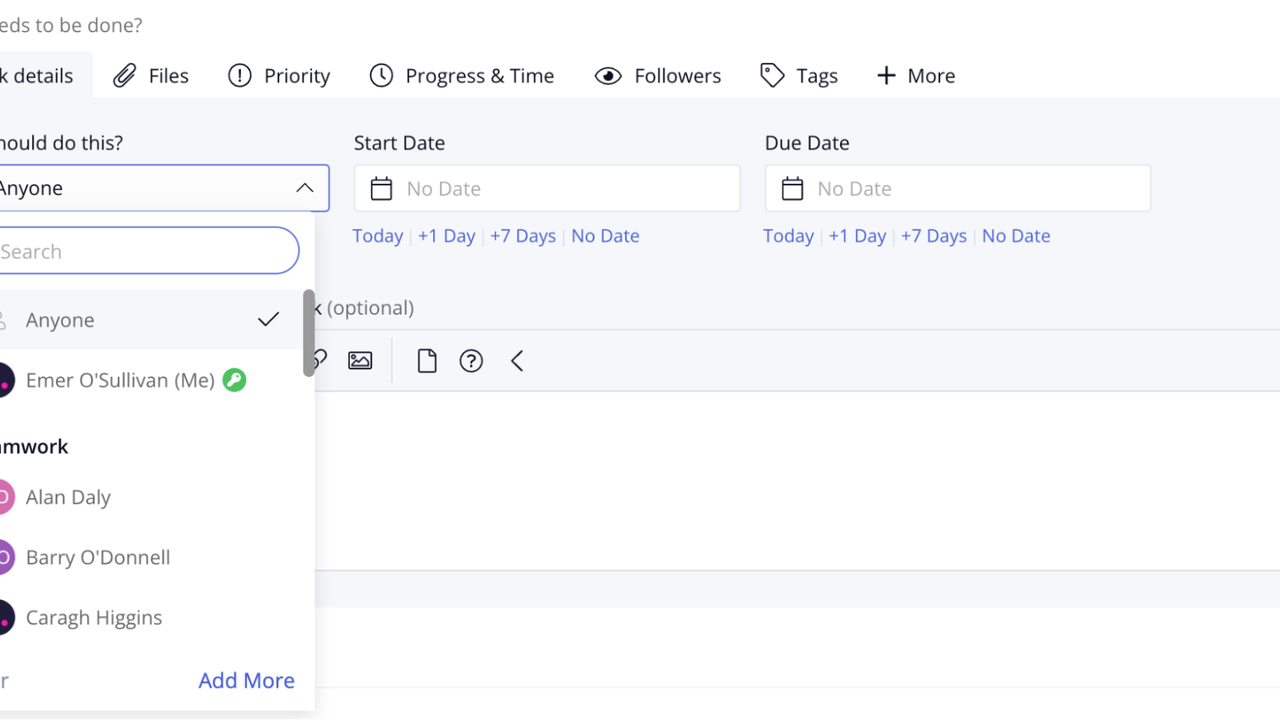 Add task details and assign to teams or individuals