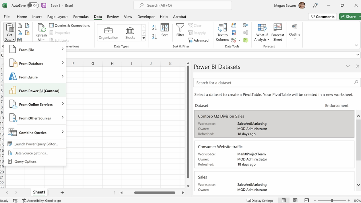 Microsoft Excel Power BI datasets