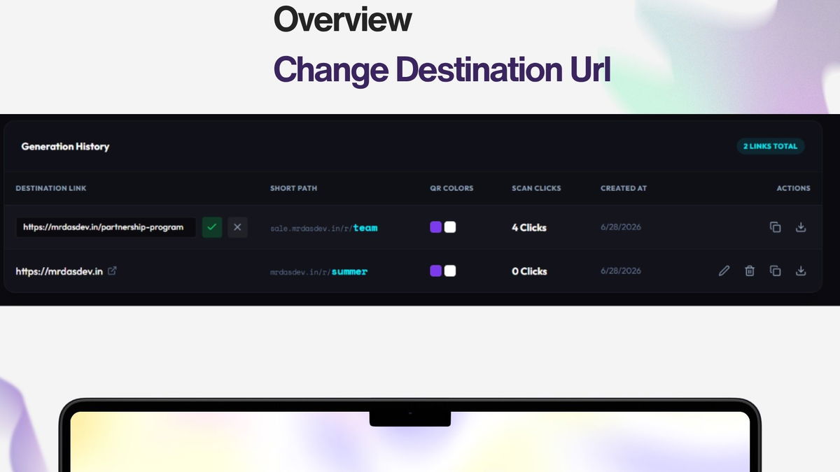 Mrdqr dynamic link management interface showing the ability to instantly change the destination URL of a live QR code.