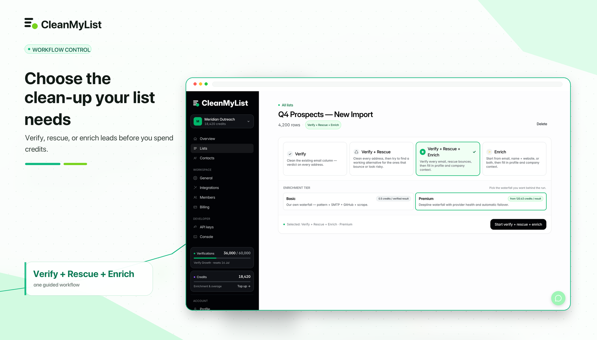 CleanMyList Interface Dashboard