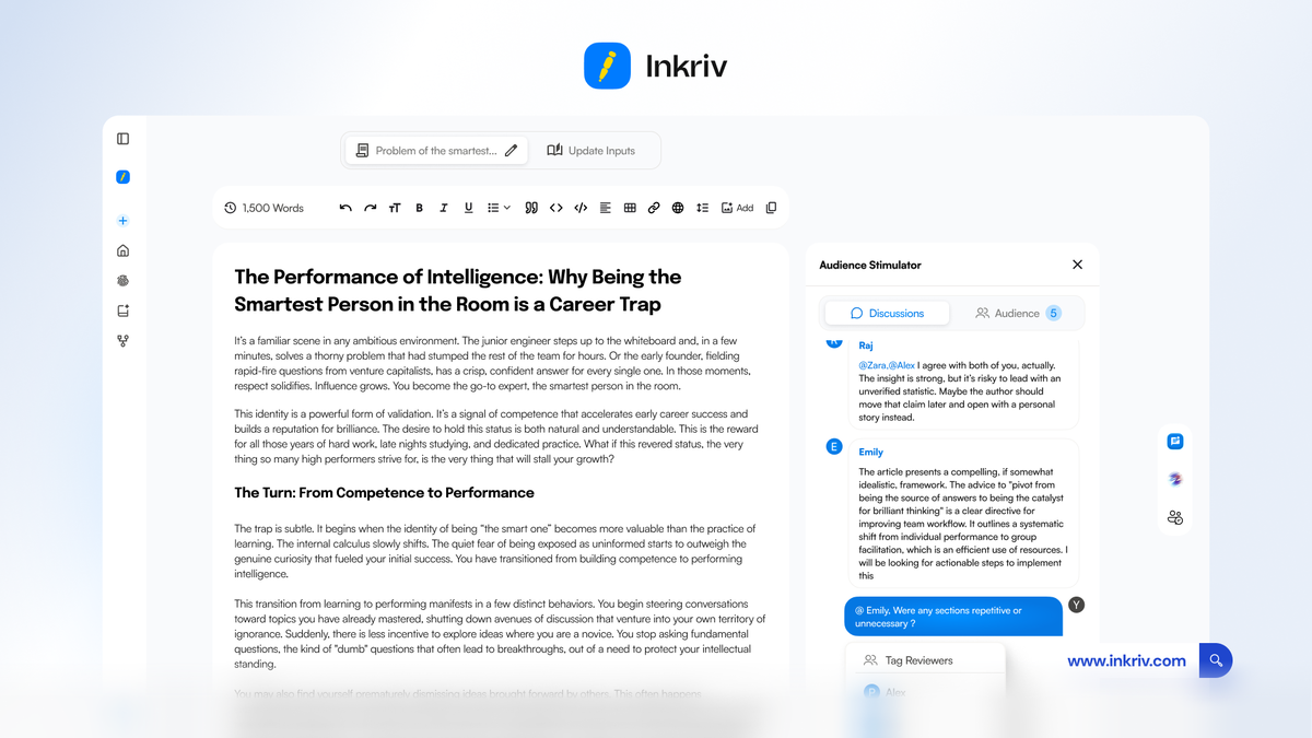 Inkriv Audience Simulator reviewing a long-form article and showing feedback from simulated target readers