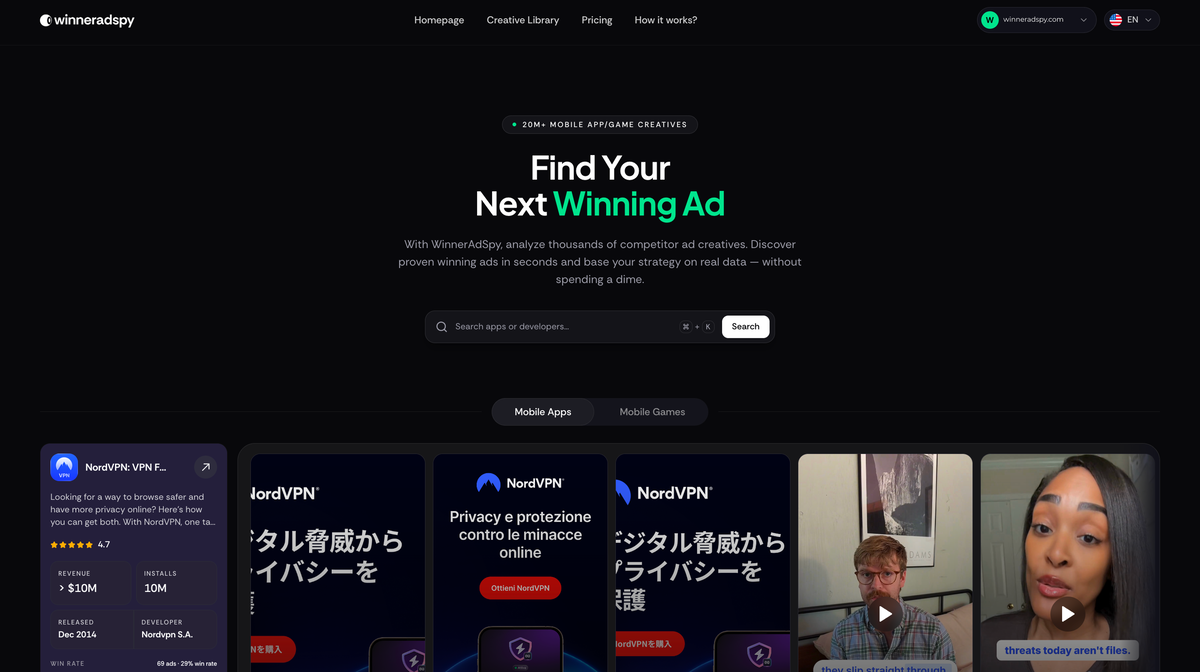 WinnerAdSpy homepage featuring a search bar, mobile app and game filters, and a preview of competitor ad creatives.
