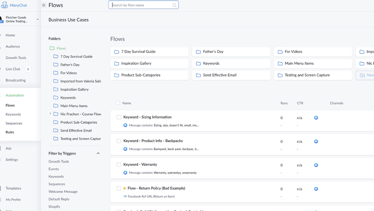 Create several automated flows using ManyChat