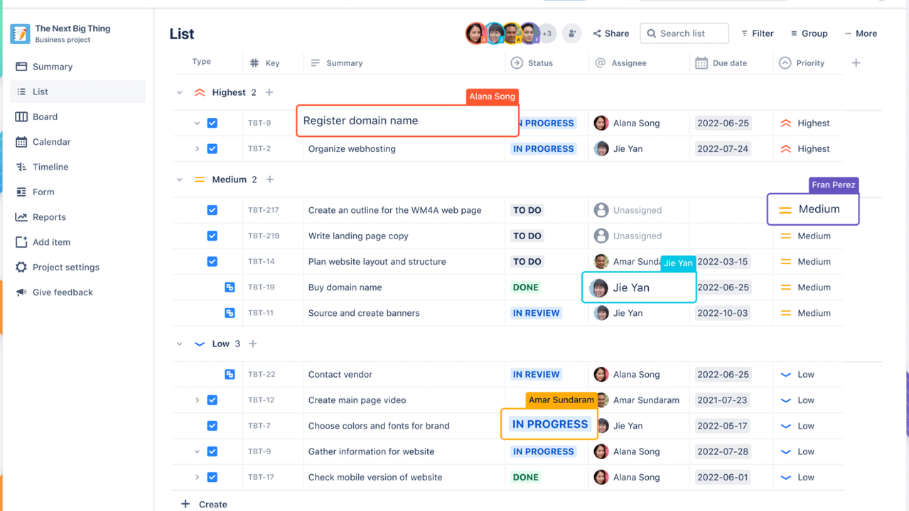 Jira work management in-list editing