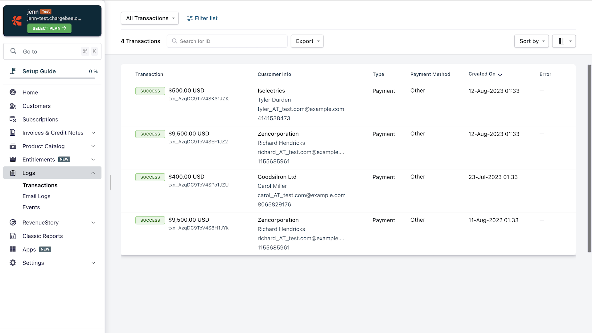 Transactions logs view