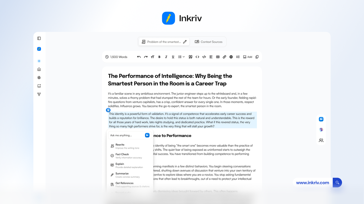Inkriv long-form editor with selected text and an in-editor AI assistant for rewriting, fact-checking, explaining, summarizing, and finding references
