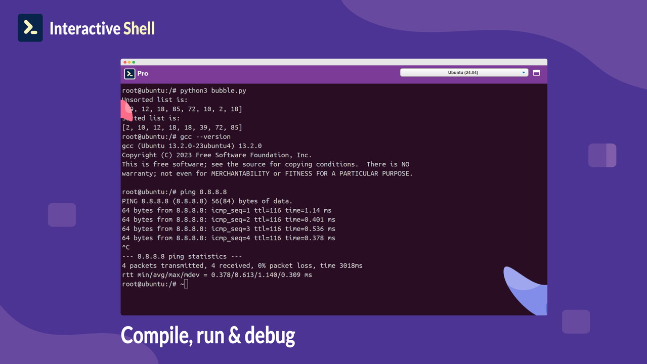 Interactive Shell IDE workspace showing code compilation
