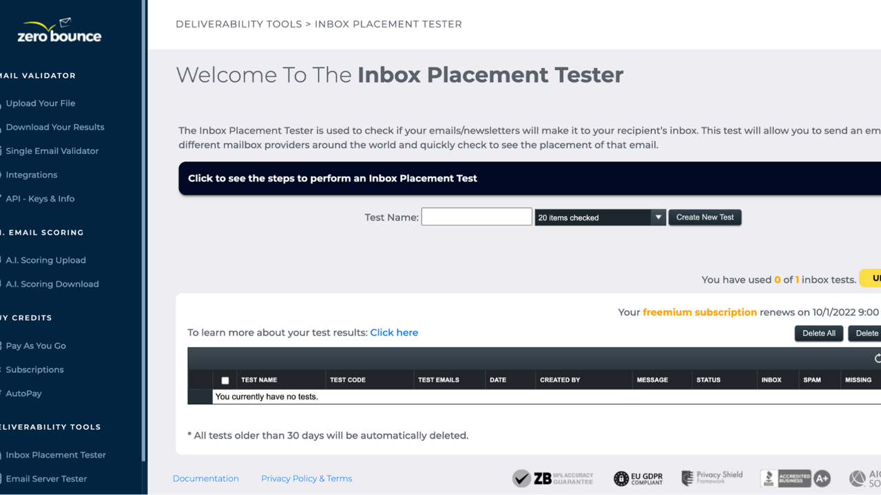 Inbox placement tester