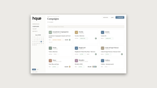 HQUE platform Campaigns view showing a grid of brand campaign cards with status, budget, and assigned talent. thumbnail