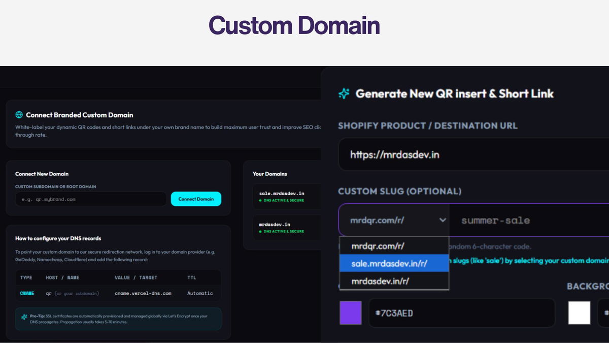 Mrdqr white-label branding dashboard showing unlimited custom domain connection and setup configuration.