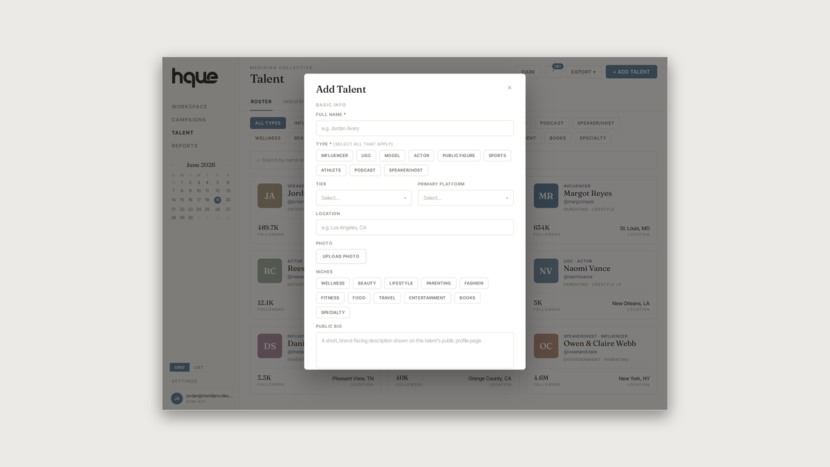 HQUE platform Add Talent modal with fields for name, type, location, niches, bio, and social handles, over the dimmed talent roster.