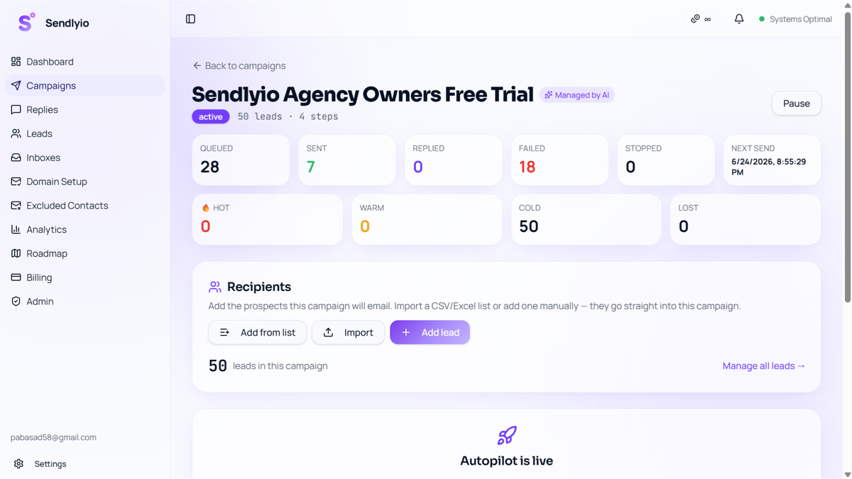 Sendlyio campaign dashboard with send stats (sent, replied, cold/warm/hot), recipient list, and Autopilot running the outreach automatically.