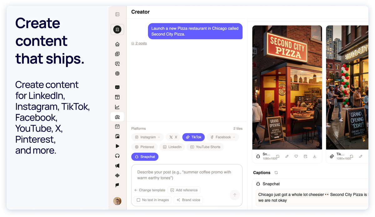 Opsbliss Creator generating social media content, images, captions, and campaigns for LinkedIn, Instagram, TikTok, Facebook, YouTube, Pinterest, and more.