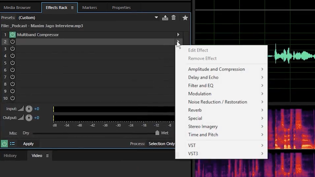 Add effects to the list in effects rack to experiment before applying