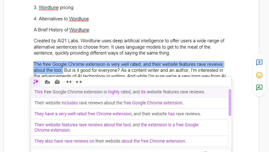 Wordtune Chrome extension in Google Docs