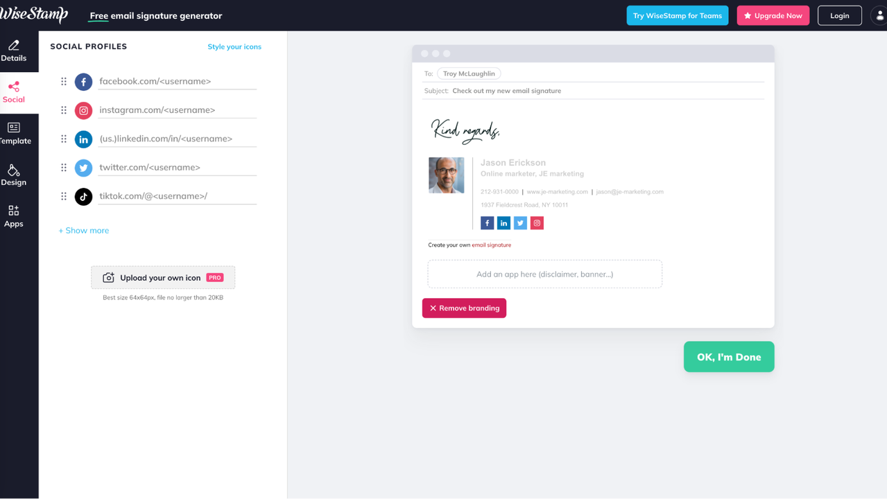 Add social profile buttons to email signature