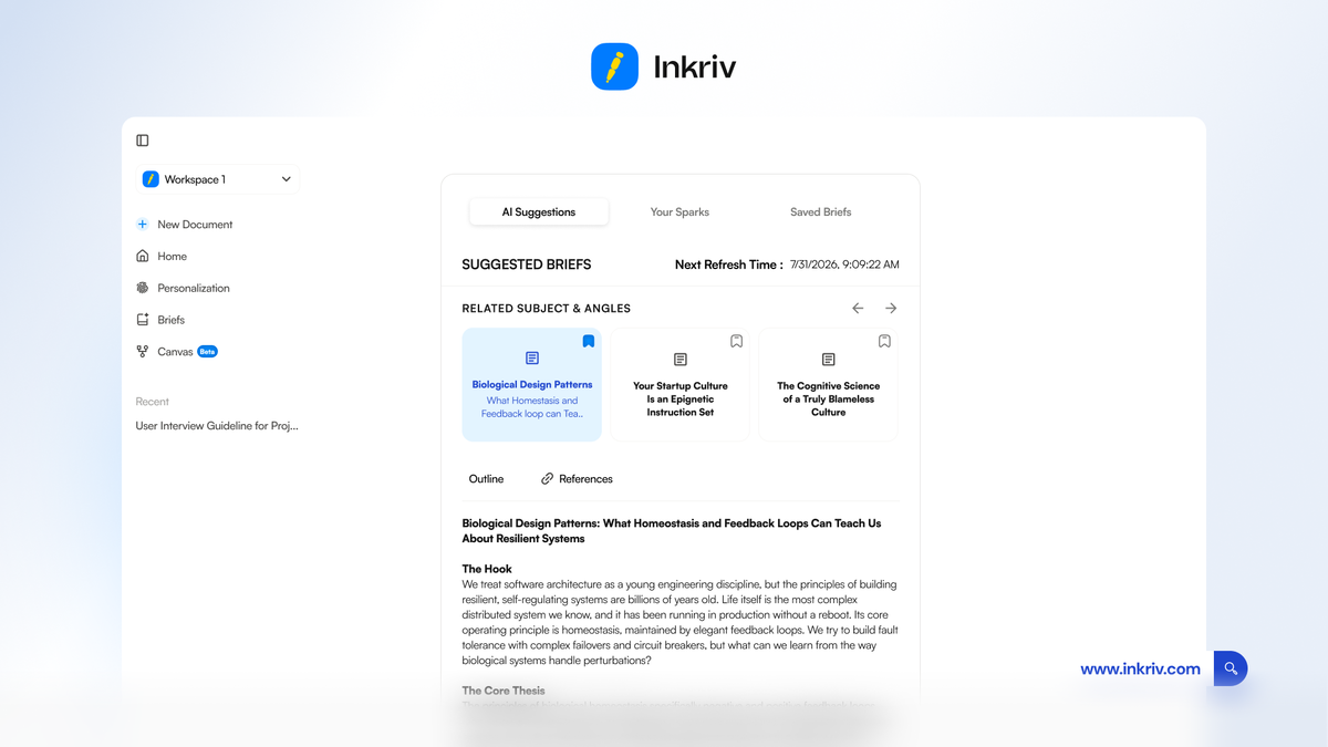 Inkriv Writing Briefs suggesting personalized topics, angles, and outlines for long-form content