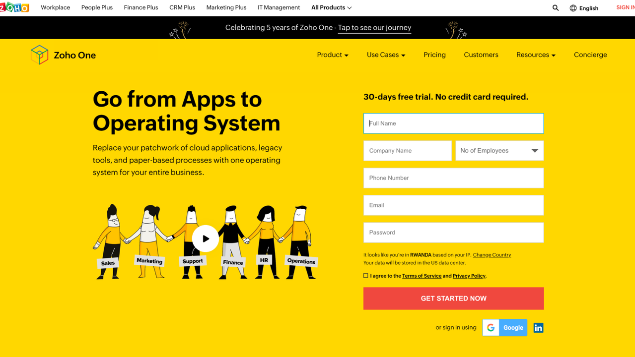Zoho One Suite Homepage