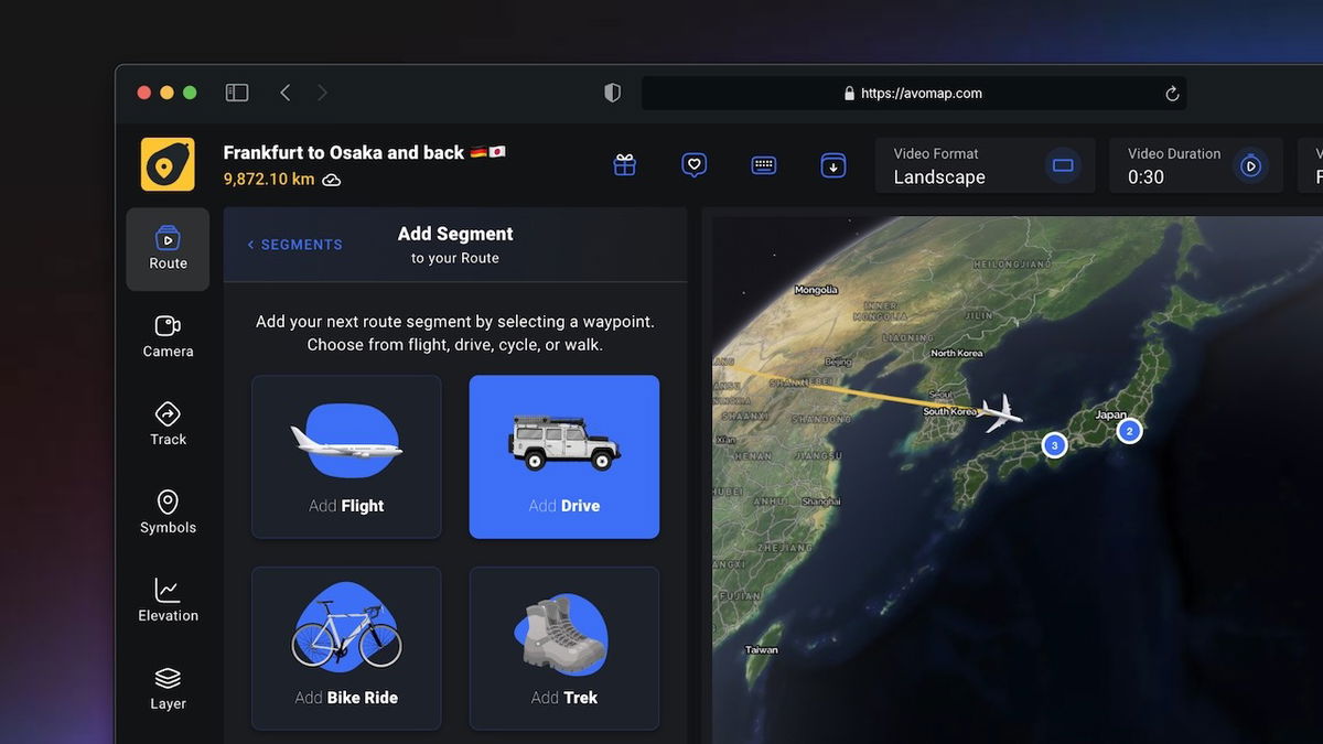 Mix it up—combine flights, drives, rides, and treks into one smooth, animated route.
