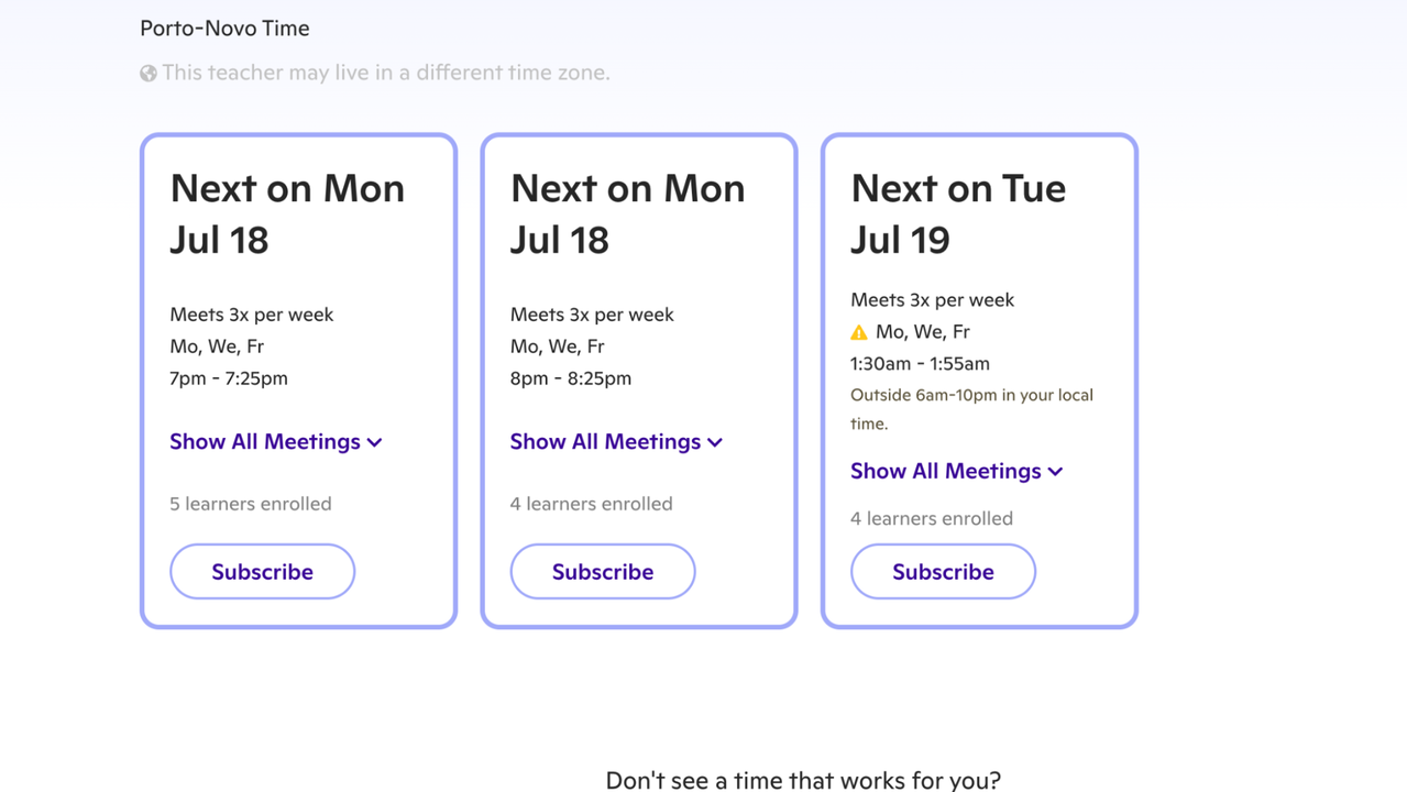 Subscribe to classes based on children's availability