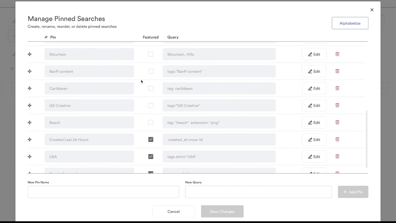 Manage pinned searches