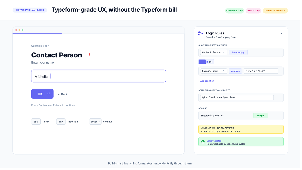 Typeform-grade UX, without the Typeform bill