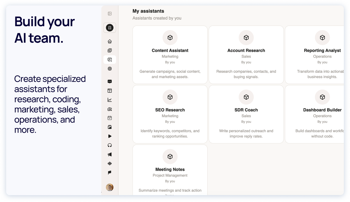 Opsbliss AI assistants organized by project, allowing reusable assistants for research, marketing, sales, operations, and content creation.