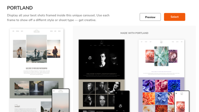 Preview and choose photography website templates