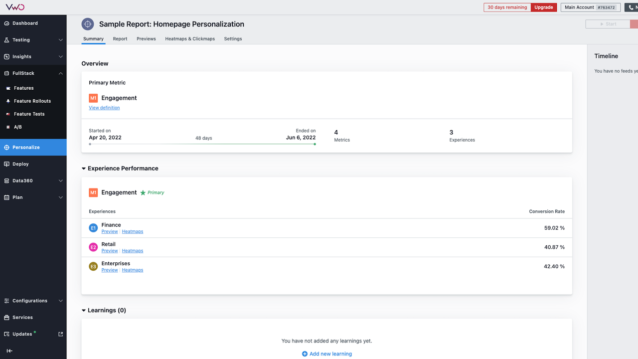 Personalization report overview
