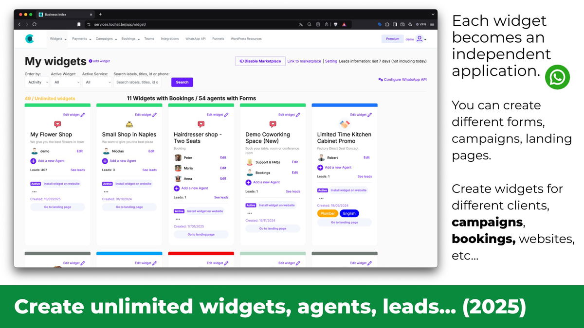 Each widget becomes an independent application.You can create different forms, campaigns, landing pages.