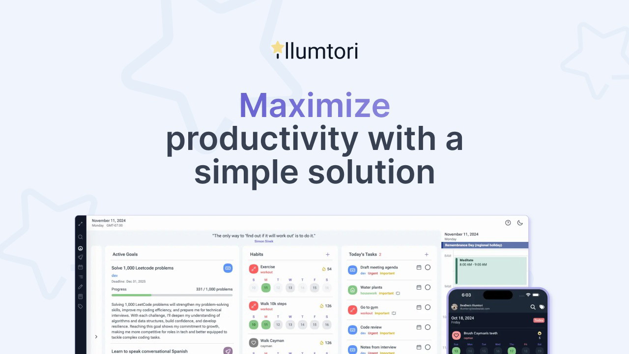 Illumtori dashboard showing tasks, habits, and priorities