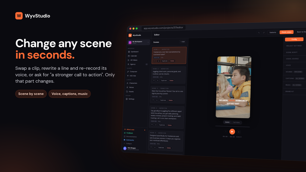 Scene-by-scene editor: change a clip, a line or a voice