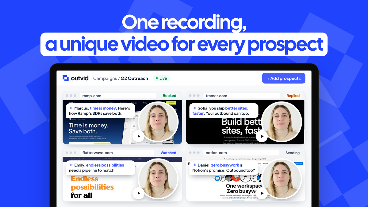 One recording turned into four personalized videos, each playing over a different prospect's own website, in an Outvid campaign