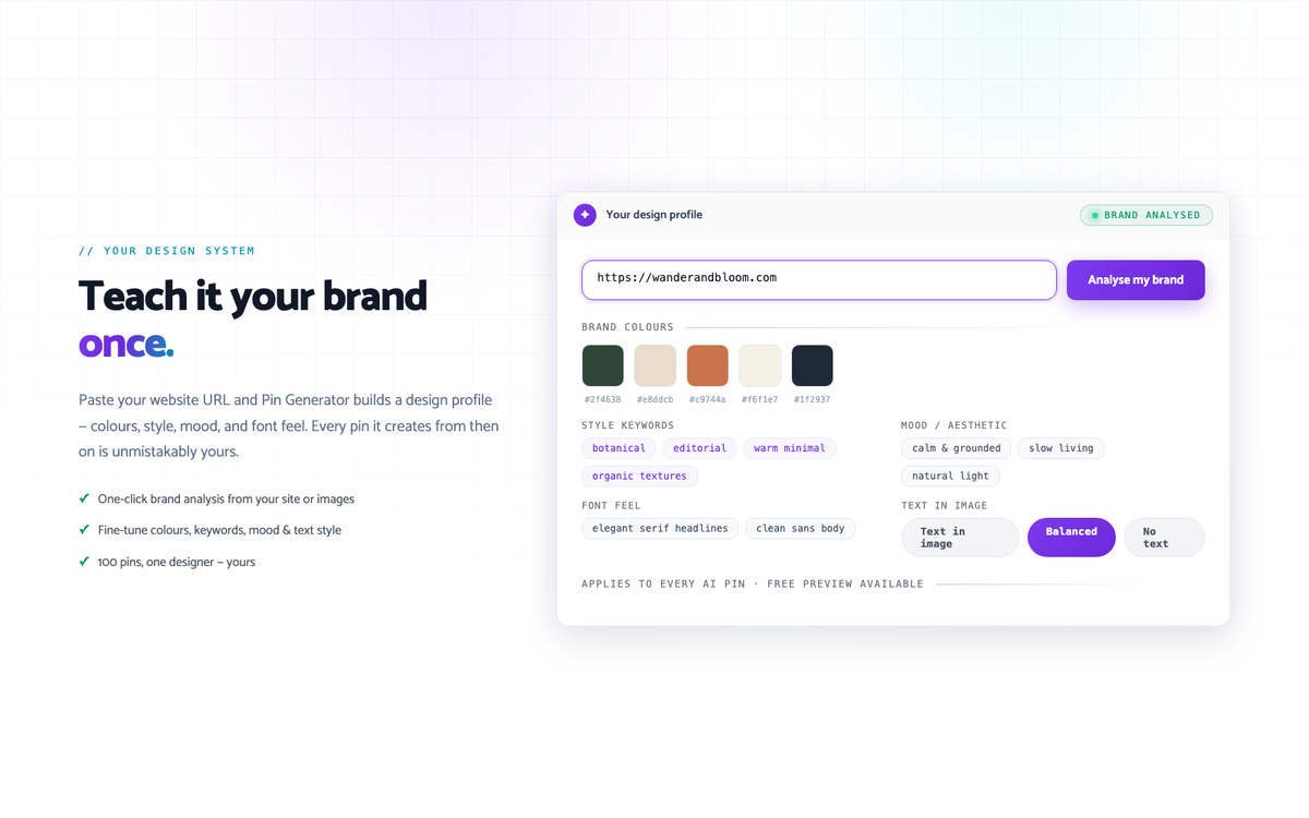 Teach it your brand once. Every pin comes out on-brand.