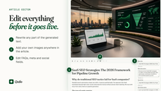 Quibo article editor to rewrite AI-generated text, add your own images and edit FAQs, meta title and description thumbnail