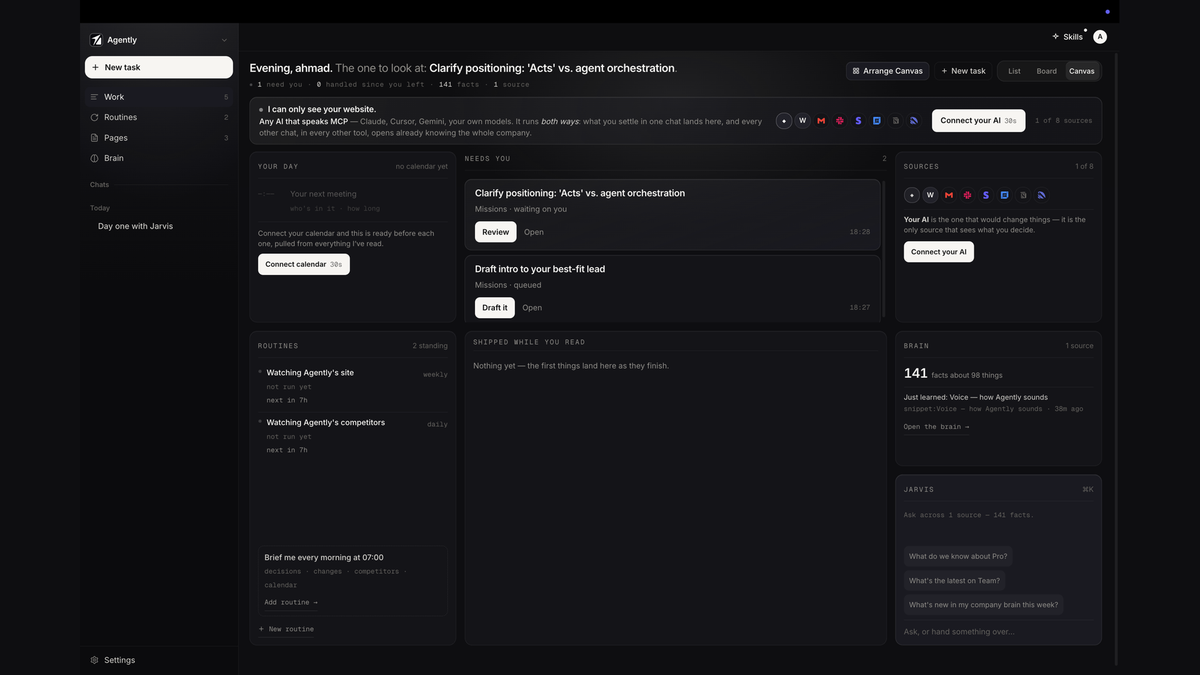Agently home screen with the morning brief, open tasks and approvals in one view