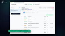 Bank reconciliation view with matched, review and unmatched transactions and one-click confirm thumbnail