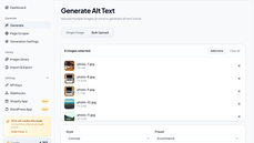 Bulk upload panel with eight images queued for alt text generation using the Ecommerce preset thumbnail