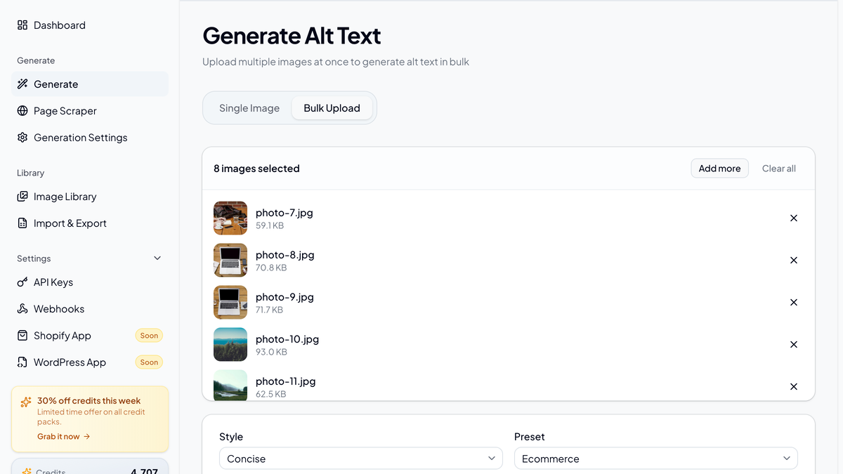 Bulk upload panel with eight images queued for alt text generation using the Ecommerce preset