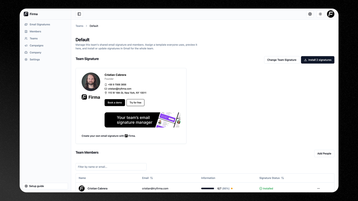 Firma's team view with install signatures button