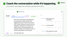 MeetMouse displaying a live transcript, speaker balance, and real-time coaching nudges during a synthetic demo meeting thumbnail