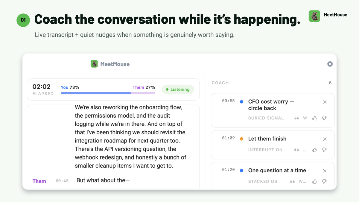 MeetMouse displaying a live transcript, speaker balance, and real-time coaching nudges during a synthetic demo meeting